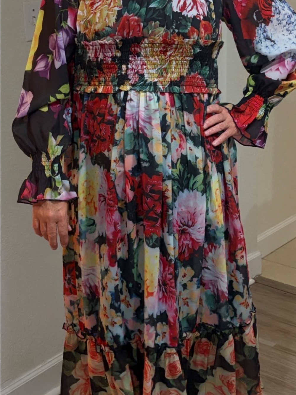 Dalia Macphee VIBRANT Floral Chiffon Smocked Waist Maxi Dress MEDIUM GORGEOUS - Picture 15 of 16